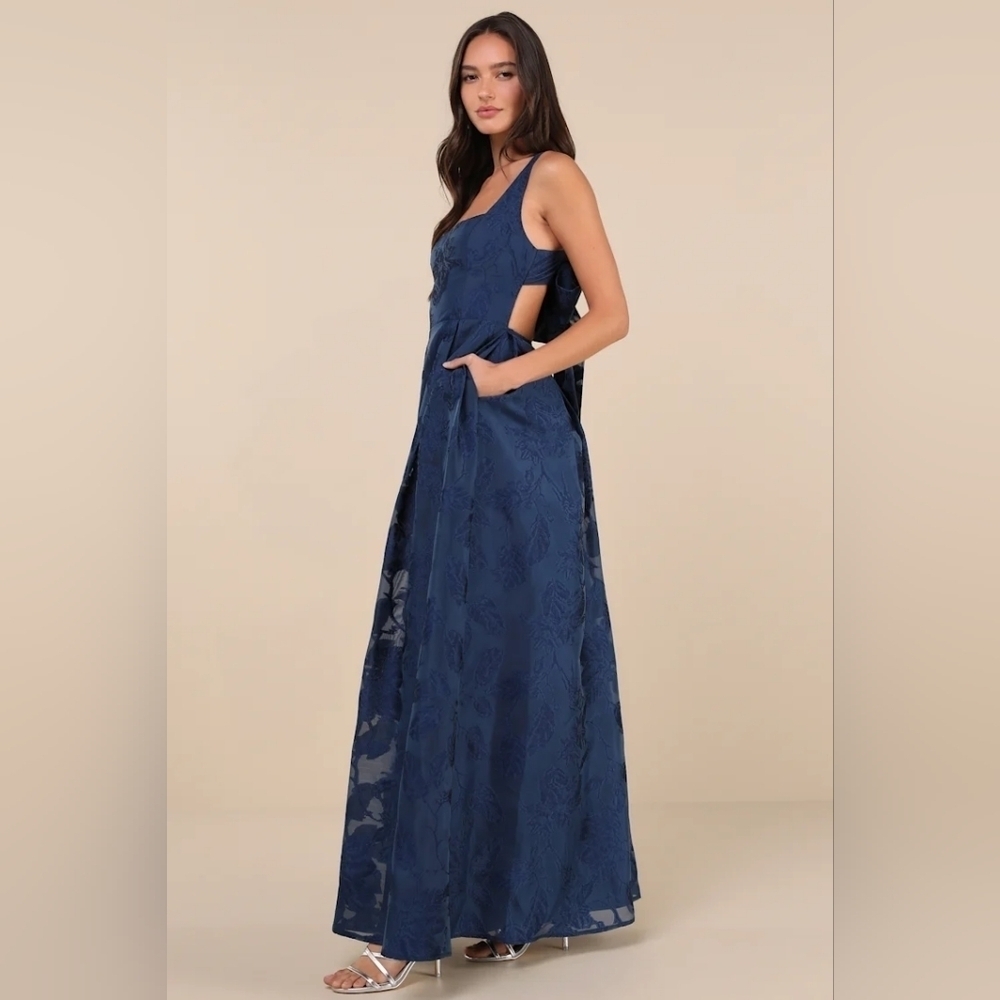 Lulus Perfected Aura Navy Jacquard Tie-Back Maxi Dress with Pockets Wedding Prom - Picture 3 of 11